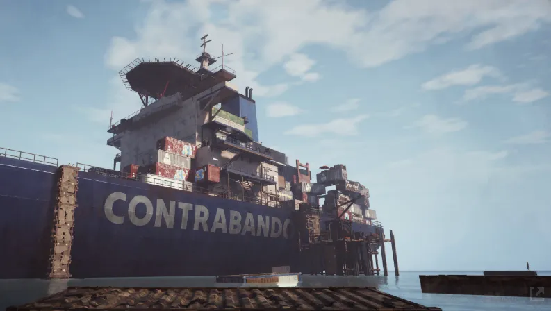 The Contrabando container ship viewed from the shore in pre-release footage