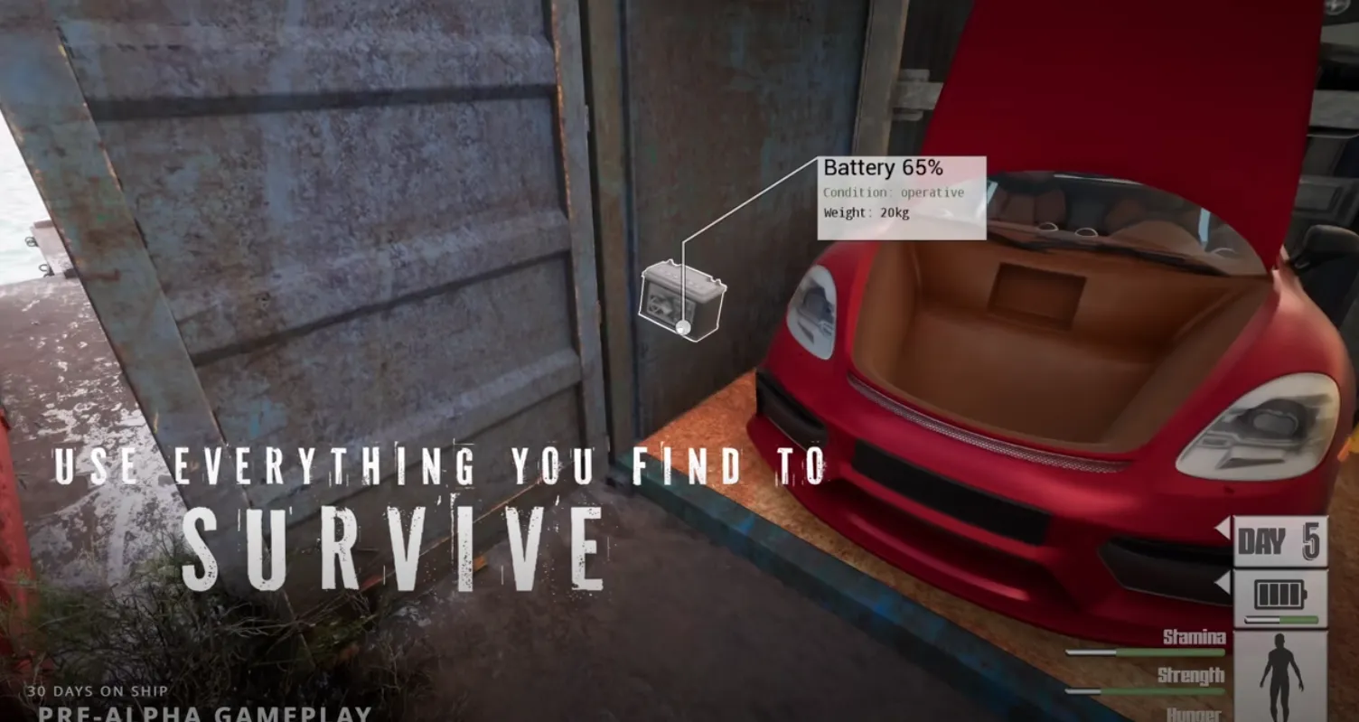 A car battery being removed for reuse in pre-alpha 30 Days on Ship footage