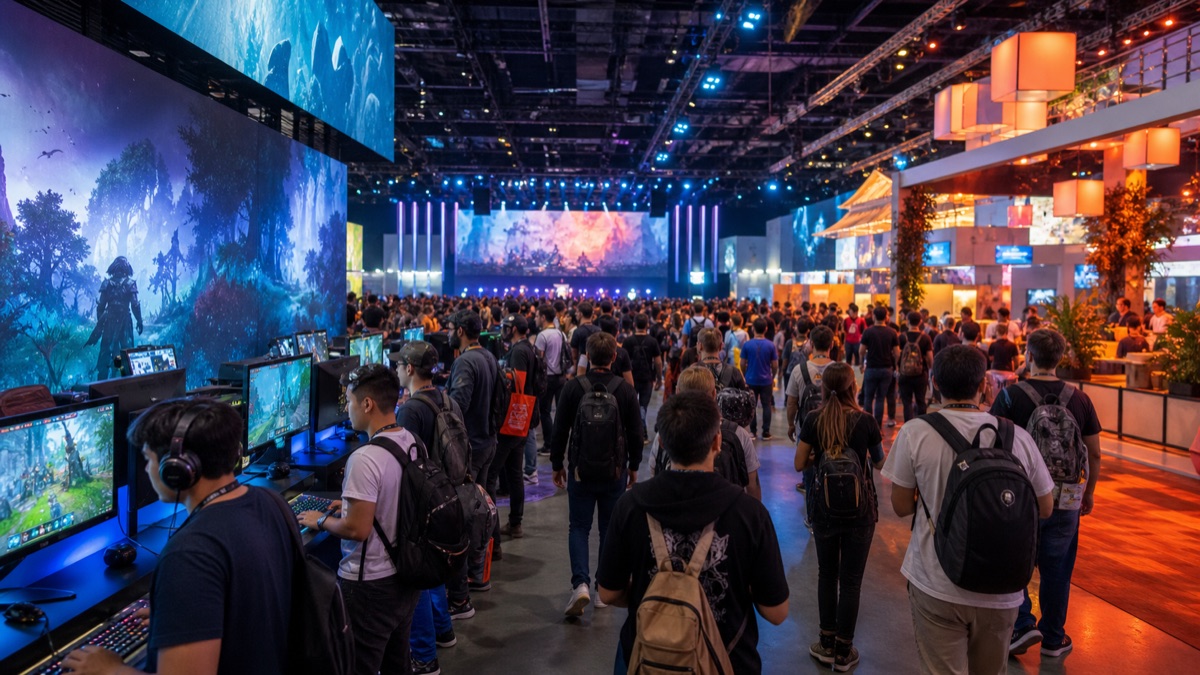 A packed audience watching a video game convention opening show