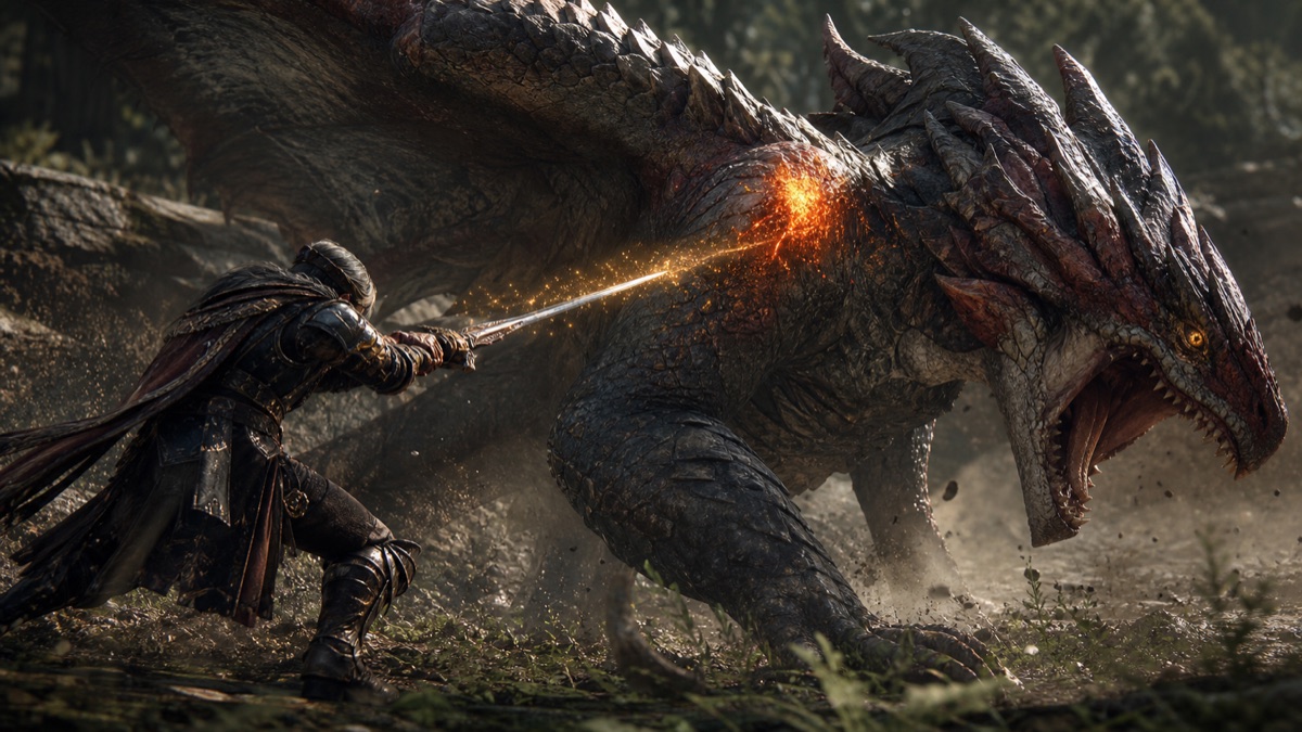 An armored hunter confronting a horned wyvern in the wilderness