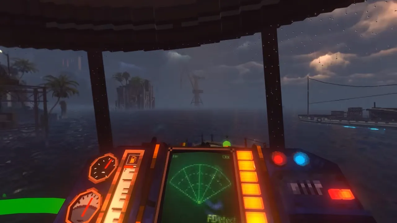 First-person view from a boat cockpit in Nivalis Nights, radar glowing on the dashboard