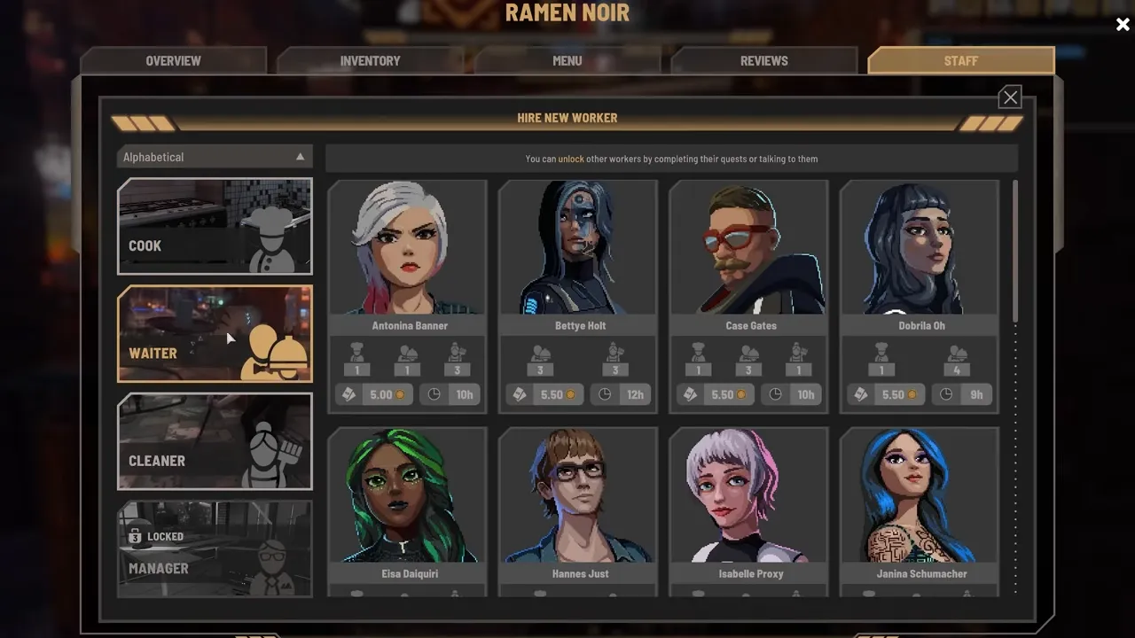 The staff hiring screen of a Nivalis Nights restaurant called Ramen Noir