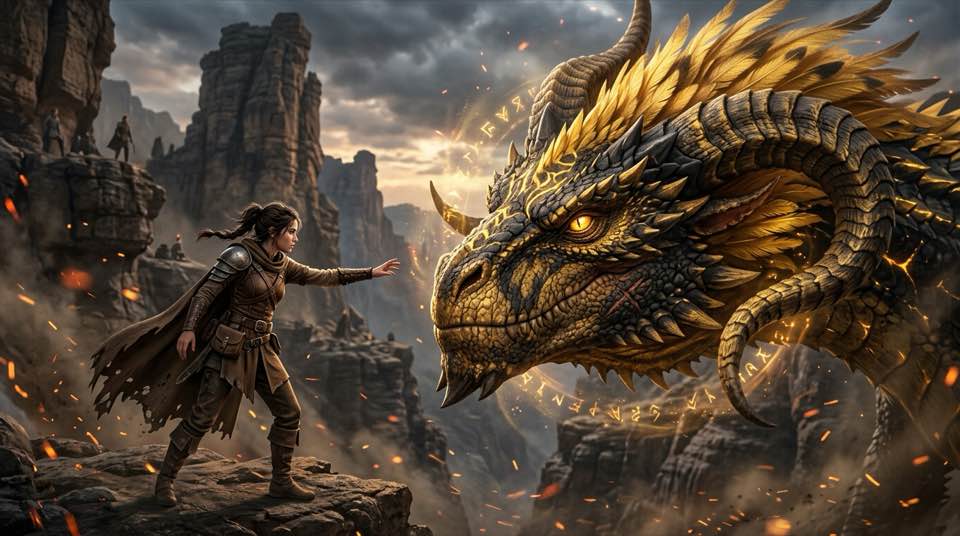 Un cadete extendiendo la mano hacia un dragón dorado durante el ritual del juego Threshing Day